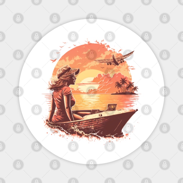 lady on the boat sunset vintage beach Magnet by YuriArt